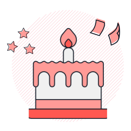 Icon of a birthday cake with confetti and stars around it. 